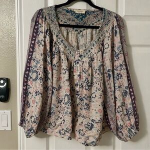 Lucky Brand White and Multi-colored Peasant Flowy Top with Buttons